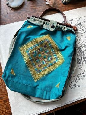 Handcrafted Teal Embroidered Women’s Shoulder Bag with Ratan Handles